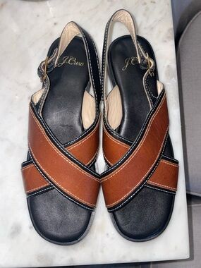 J. Crew Brown and Black Leather Crisscross Slingback Sandals